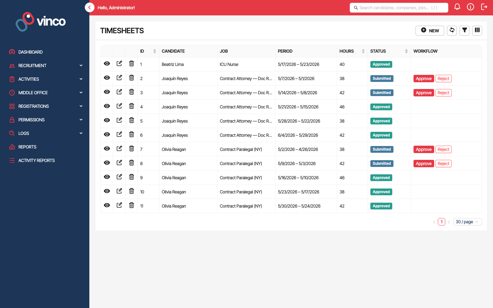 Timesheets screenshot